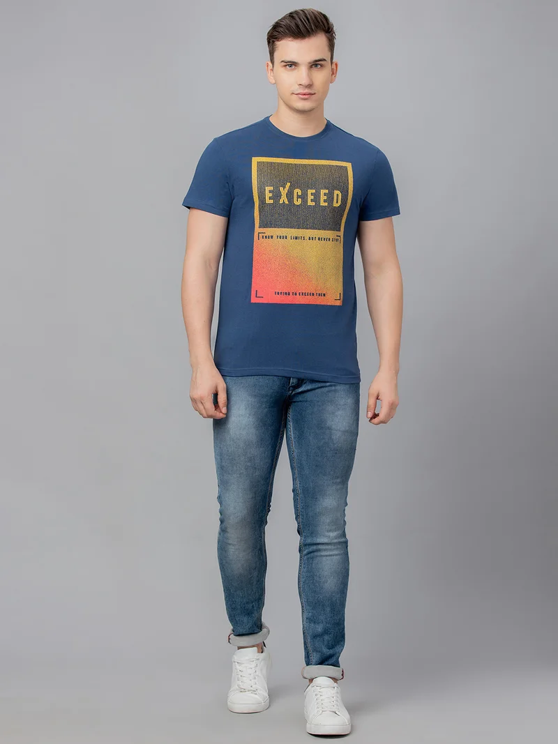 جلو باص Globus Men Navy Blue Printed Cotton Round Neck Regular Fit T-shirt